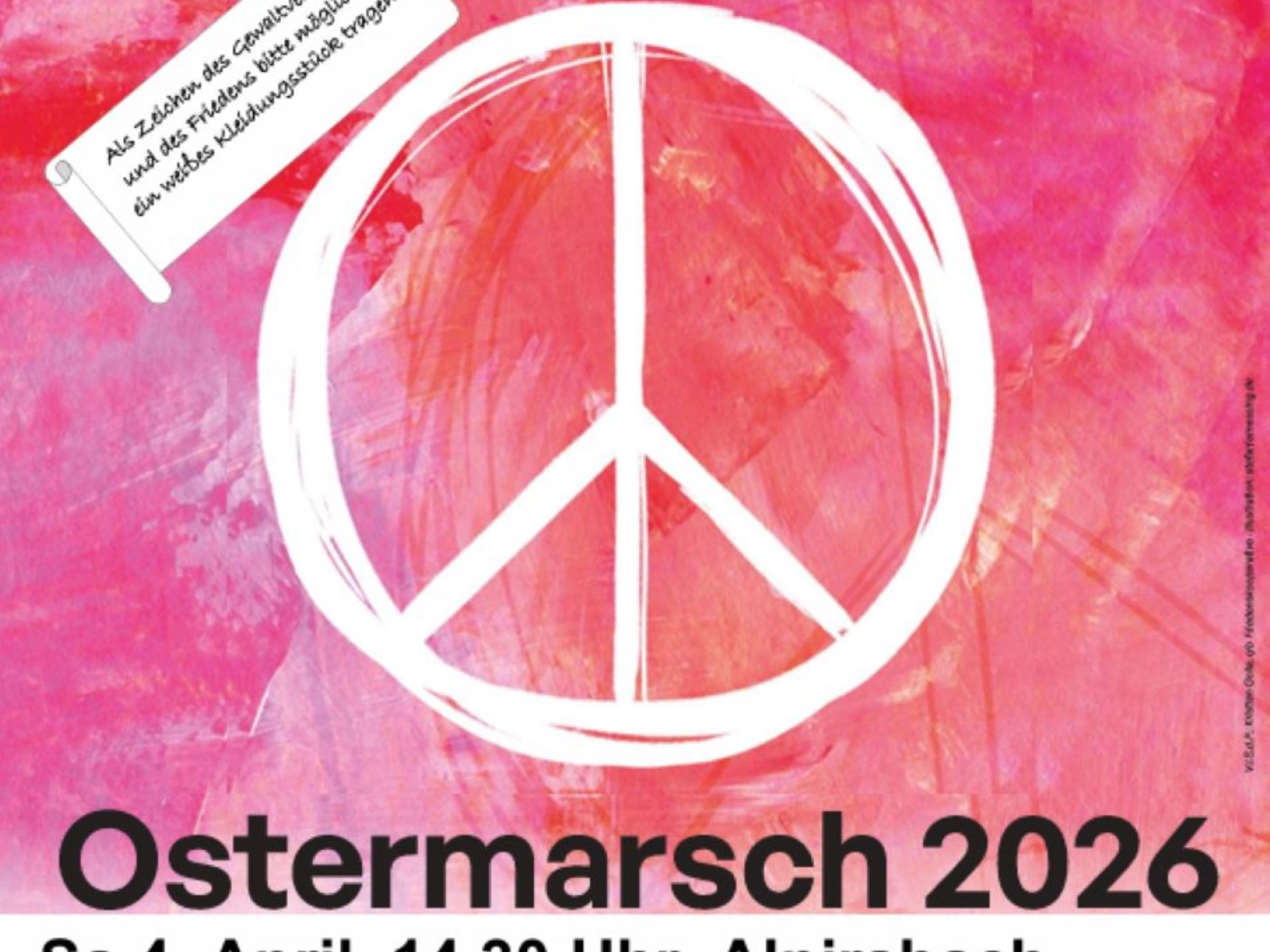 Wie schon im letzten Jahr findet unsere diesjährige Ostermarschkundgebung im schönen Kurgarten beim Kloster Alpirsbach statt. Der Begriff "Marsch" bezieht sich in unserer ländlichen Region auf die Anreise (Bahnankunft aus FDS 14.16 Uhr, aus Schiltach 13.38 Uhr, Bus 13.48 Uhr). Sah es mit dem Ukrainekrieg und den enormen deutschen Aufrüstungsplänen der letzten Jahre schon äußerst bedrohlich aus, so erleben wir nun eine weitere Steigerung durch die den Weltfrieden gefährdenden und viele Menschen in den Tod reißenden Angriffskriege der USA und Israels. Dieser Kriegsrealität wollen wir uns mit Friedensmusik (Tobias Steeg – Alphorn, Trompete usw. und Co sowie Theodor Ziegler, Gitarre und Mundharmonika), mit einer Szene von Kindern und Jugendlichen (teils mit migrantischem Hintergrund) anhand Erich Kästners „Konferenz der Tiere“ entgegenstellen und uns ermutigen, trotz allem auf dem Weg des Friedens zu bleiben. Als Redner konnten wir dieses Jahr Diakon Dominik Weiß, pax-christi, Baiersbronn und Dr. Ulrich Bausch, Reutlingen, Mitglied der SPD-Initiative „Mehr Diplomatie wagen“ sowie Minister Winfried Hermann, MdL B90/Grüne, Rottenburg, gewinnen – beide sprechen als Vertreter der württembergischen Initiative „Aufbruch zum Frieden“.<br/><br/>Anstelle der sonst bunten Friedensflaggen wollen wir dieses Jahr weiße Friedensfahnen verwenden und bitten auch alle Teilnehmenden, möglichst ein oder mehrere weiße Kleidungsstücke zu tragen. Die Weiße Flagge gilt seit der Antike als Zeichen des Verzichts auf Gewalt, als Friedensfahne.<br/><br/>Ab 16 Uhr wird im Subiaco-Kino im Kloster der Film „Gipfeltreffen“ von Edith Koerber über ein fiktives Treffen dreier historischer Friedenskämpferinnen gezeigt: Gerda Taro: erste deutsche Kriegsfotografin, gestorben im Spanischen Bürgerkrieg 1937 im Alter von 27 Jahren! Jella Lepman: Gründerin der ersten internationalen Kinder-u. Jugendbibliothek sowie Hansel Mieth: eine der ersten weiblichen Fotografen.